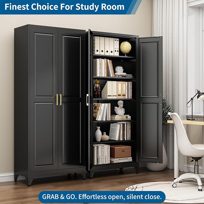 75" Tall Black Metal Storage Cabinet with Doors, Heavy Duty | Freestanding Steel Kitchen Pantry Cabinet, 5 Adjustable Shelves (180 Lbs Load), Tall Cabinets for Home, Office and Garage