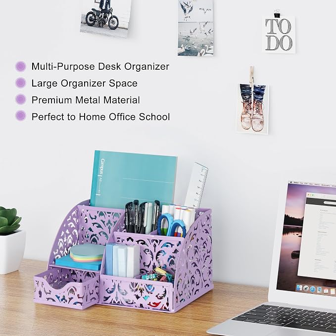 EasyPAG Pen Holder Desk Organizer with Drawer Pencil Cup for Desk 6 Compartments Metal Office Caddy Storage with Sticky Notes Holder for School Home Office, Purple