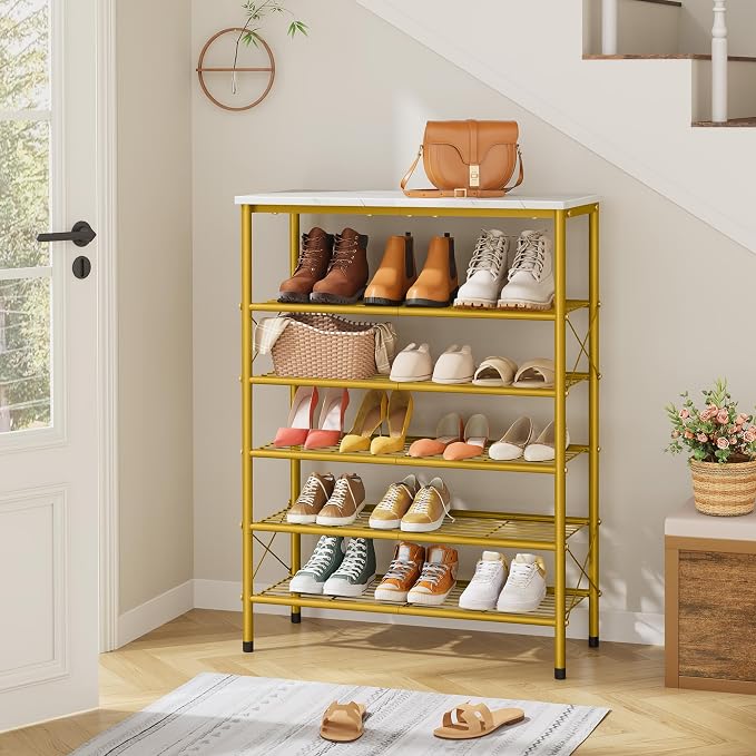 6 Tier Shoe Rack Organizer for 20-24 Pairs of Shoes, Metal Mesh Shoe Shelf for Closet, Industrial Shoe Rack for Entryway Shoe Storage with X Shape Fixed Frame, White & Gold | Sturdy & Durable, X Shape Fixed Frame, Metal Mesh Shoe Shelf, Industrial, For...