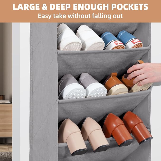 STORAGE MANIAC Over the Door Shoe Organizer Heavy-Duty Large Deep Pocket Hanging Shoe Organizer Shoe Rack Door Closet Shoe Organizer for Wall, Dorm & Narrow Door Storage Shoe Holder Grey, 1 Pack