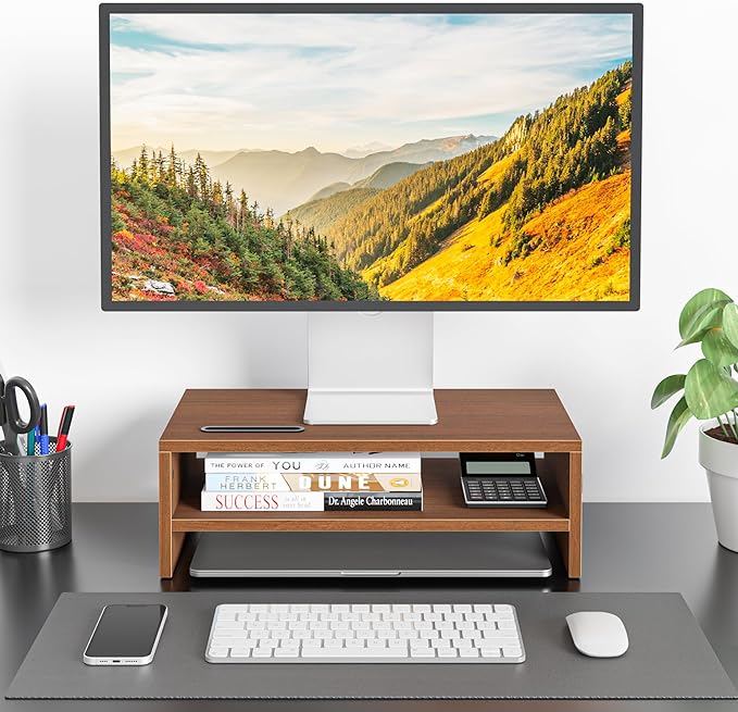 BONTEC Wooden Monitor Stand Riser for Desk, 2-Tier Computer Monitor Stand | 66 lbs Desk Shelf Organizer with Storage, Laptop & Printer Stand with Phone Holder and Cable Management, Walnut, 16.5 Inch