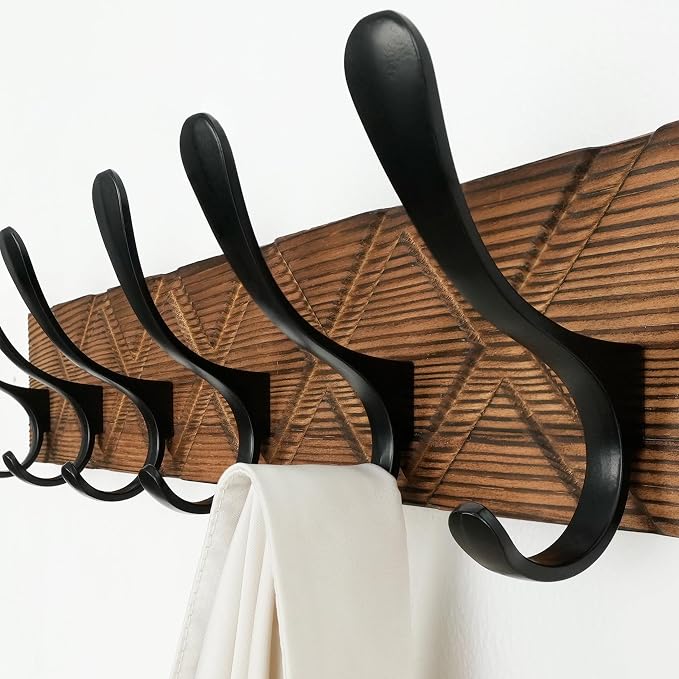 SKOLOO Coat Rack Wall Mount - Antique Wooden Carved- X Cross Coat Hook,Pack of 2, Wall Coat Hanger with 6 Hooks for Hanging Coats, Hats, Clothing, Scarfs, Brown & Black
