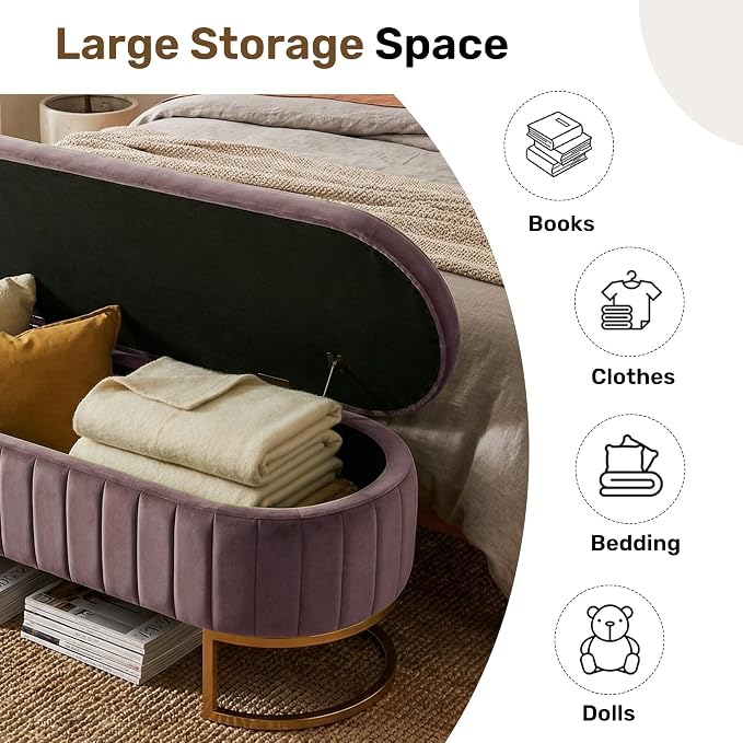 51" Velvet Storage Ottoman Bench End of Bed for Bedroom Entryway Purple