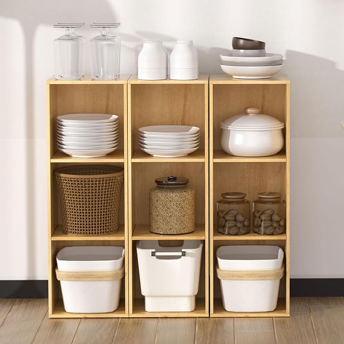 3 Cube Storage Organizer,Cube Shelf，3 Tier Cube Low Bookcase Freestanding Storage Display Organizer, Three-Cubes Open Shelf Bookshelf for Home Office (Oak, 3-Cube)