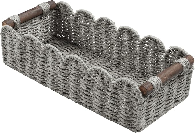 Bathroom Decor Basket for Toilet Paper Storage Baskets For Organizing | For Bedroom Living Room Kitchen Home Decor Scalloped Cute Basekt With Handle for Apartment Countertop,Gray