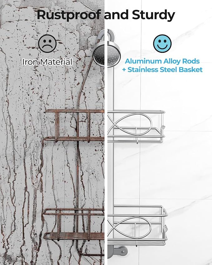ODesign 2 Tier Aluminum Shower Caddy Rustproof Hanging Adjustable Silver | Shower organizer hanging,no drilling required,comes with removable hook and storage box, suitable for indoor showers