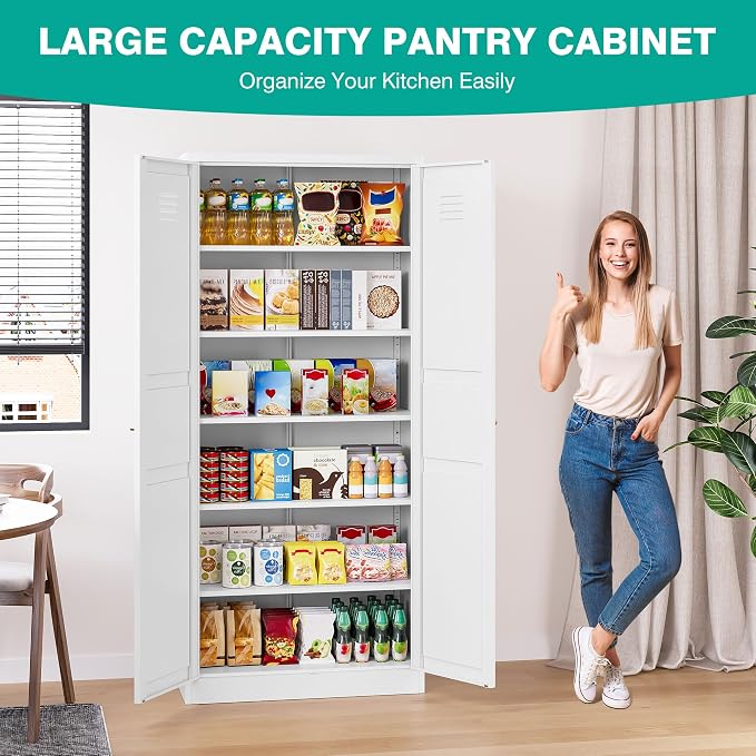 SISESOL 71" Tall Pantry Cabinet with 2 Doors and 5 Shelves,Kitchen Pantry Storage Cabinets,White Metal Storage Cabinet,Wide Deep Food Cupboard for Home,Kitchen,Dining/Living Room