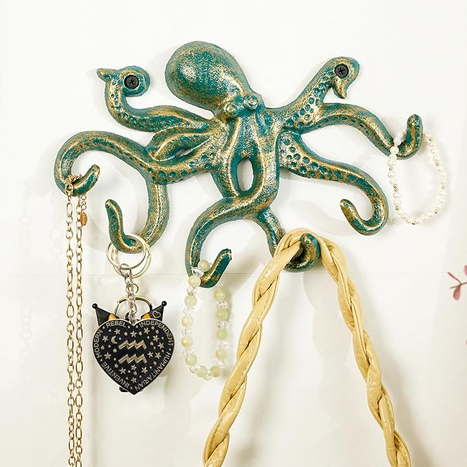 Sungmor Cast Iron Key Holder for Wall, Green Octopus Hanger with 6 Hooks, | Wall Hooks for Towel, Bathrobe, Necklaces, Purse, Dog Leashes, Bathroom Nautical Decor