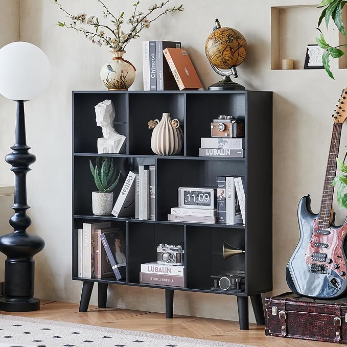 LEYAOYAO 8 Cube Bookshelf,Mid-Century Modern Book Shelf with Legs, Black | 3 Tier Bookcase, Rustic Wood Bookshelves Freestanding Large Storage Organizer, Open Shelves for Bedroom, Living Room, Office