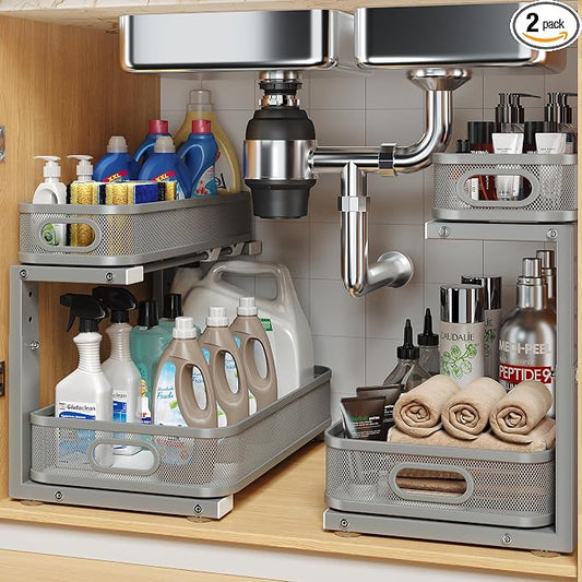 2 Pack 15.7IN-Depth Under Sink Organizer With Smooth Cylindrical Rail,2-Tier Pull Out Multi-Purpose Cabinet Storage for Bathroom&Kitchen,Height Adjustable,Rust-resistant Coating-Gun Gray