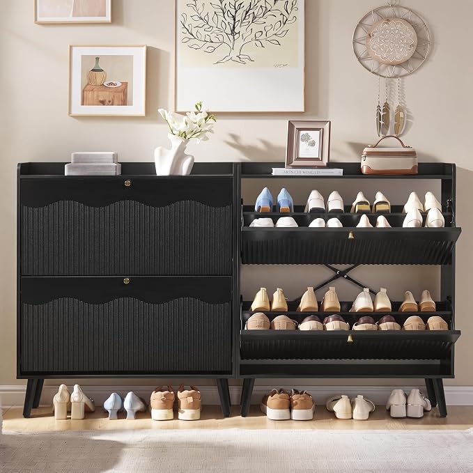 BERRYMERRY 31.5” Black Fluted Shoe Cabinet Storage with 2 Flip Drawers | narrow,entryway,adjustable feet,32 pairs shoe,shoe organize,hidden shoe rack,fluted panel,wave pattern,wood,space saving