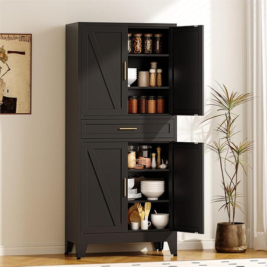 COFaR 71" Metal Pantry Cabinet with Drawer, Black Storage Cabinet with Adjustable Shelves, 3-Section Industrial Cupboard for Kitchen & Office