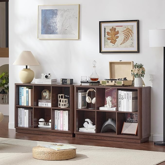 Joaxswe 6 Cube Bookcase, 40" Wide Low Horizontal Book Shelf w/Curved Edge, Wood Floor Standing 2-Tier Bookshelf with Base, Modern Short Storage Organizer for Bedroom,Office, Walnut