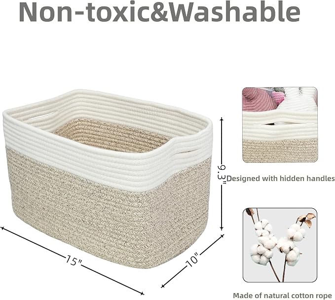 XUANGUO Woven Cotton Rope Storage Baskets 15x10x9.3" 3 Pack White and Brown | Decorative rectangular storage baskets for shelves and closets; storage bins organize clothes, toys, books and nursery items.