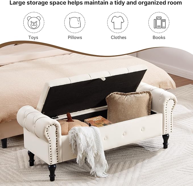 Storage Bench 51" Velvet End of Bed Benches Beige | Queen Size Storage Bench for Bedroom with Rolled Arms Tufted Ottoman Benches Upholstered Bench for Living Room Entryway
