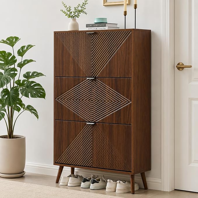 oakvivo Shoe Cabinet with 3 Flip Drawers, 31.5'' W Freestanding Narrow Shoe Storage Cabinet for Entryway, Modern Shoe Organizer with 4 Wooden feet, Hidden Shoe Rack for Hallway Mudroom, Walnut