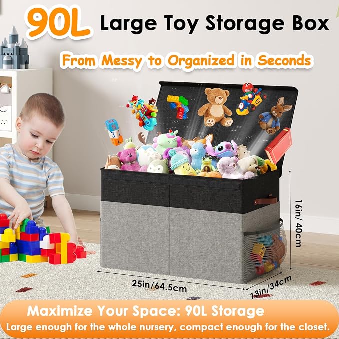 Large Toy Storage Box with Lid Upgraded Toy Storage Chest Organizer with Divider Foldable Toy Bin for Kids Boys Girls Playroom Nursery Bedroom (25"x13"x16")
