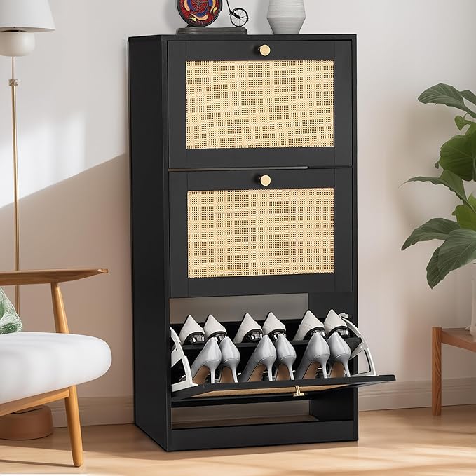 Finnhomy 3 Tier Shoe Cabinet with Natural Rattan Flip Drawers for Entryway, Free Standing Slim Shoe Storage Organizer with Large Top Board, Shoe Cabinet with Adjustable Width Drawers, Black