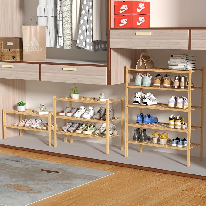 ROMGUAR CRAFT 4 Tier Bamboo Shoe Rack for Closet Free Standing Wood Shoe Shelf for Entryway Small Space Stackable 27"x11"x26" (Natural)