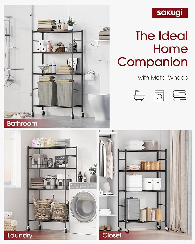 Sakugi 4-Tier Storage Shelves 33.1" x12.6" x58.9" Black with Wheels | Kitchen, Closet, Pantry, Garage, Heavy Duty, Adjustable Feet, Metal Construction