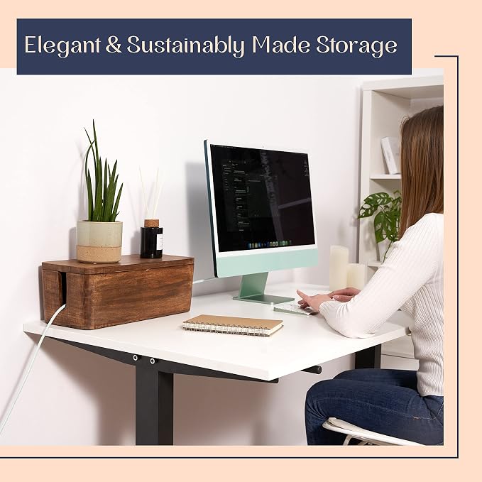 Mango Cable Management Box - Rustic Design (Natural, Large) | Mango Wood, Cable Organizer, Rustic Style, Modern Design, Desktop Storage