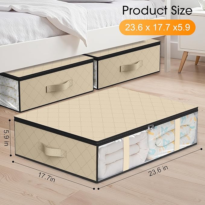 StorageRight Under Bed Storage Bags, 6 Pack, 40L, Beige | Breathable Non-Woven Fabric with a Clear Window and Zippered Top for Clothes, Comforters, Blankets and Seasonal Storage