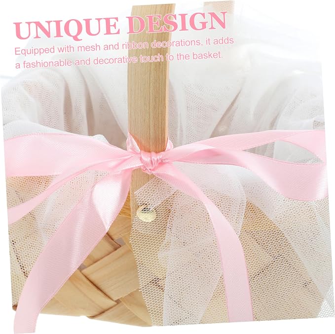 Zerodeko Woven Rattan Basket for Fruits and Flowers Decorative Storage Basket with Natural Touch for Home Wedding and Picnic Decor Includes Tulle Ribbon