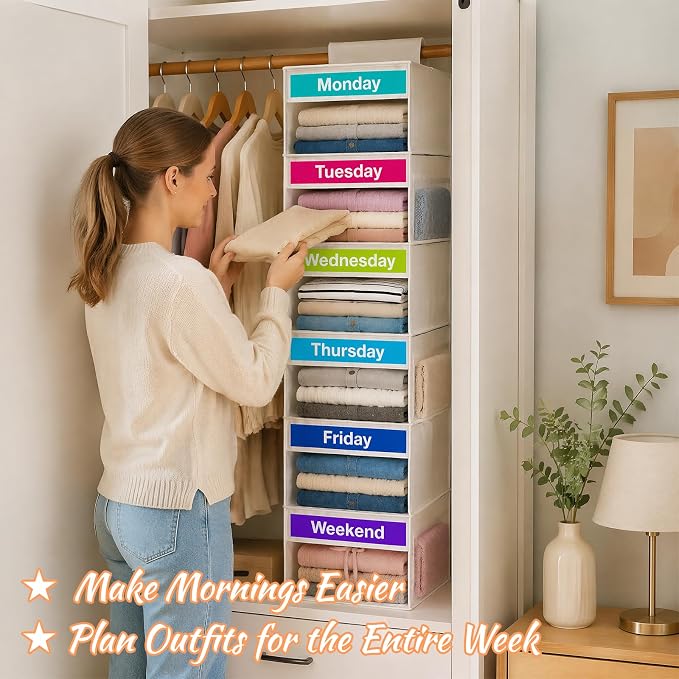 Weekly Clothes Organizer for Closet, 6-Shelf Hanging Closet Organizer with 6 Side Pockets(White)
