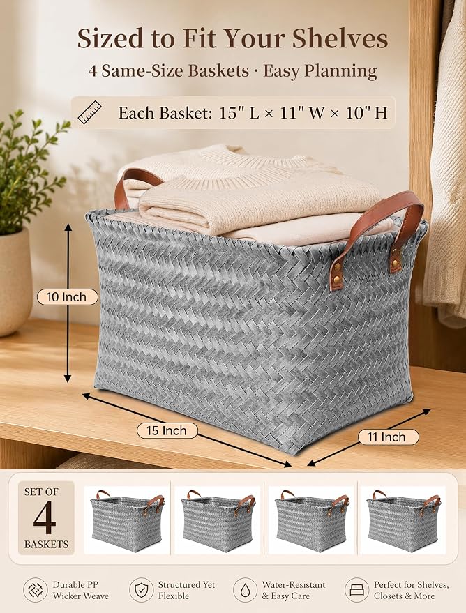 Wicker Storage Baskets, 4 Pack Woven Baskets for Shelves, Grey | PP Rattan, Water-resistant Wicker Basket, Large Baskets with Faux Leather Handles for Blanket, Laundry Organizer, Room Decor