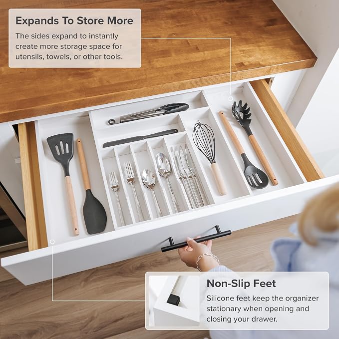 KitchenEdge Silverware & Utensil Drawer Organizer, 16-28 in, White Bamboo | Cutlery, flatware, food-safe contract grade, kitchen drawer fit