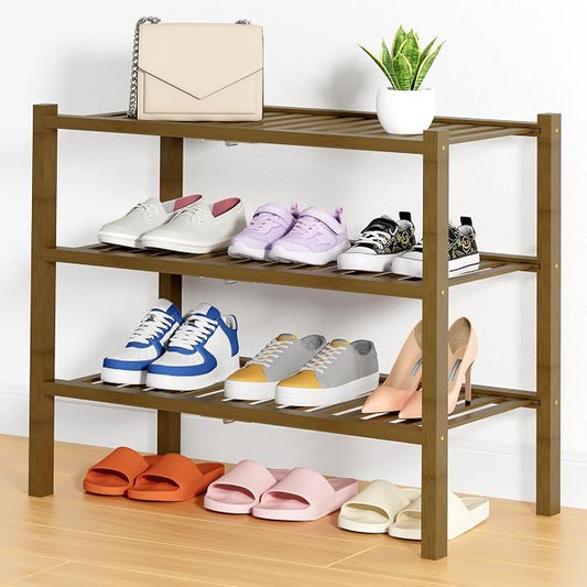 Smiry Bamboo Shoe Rack, 14 Vertical Slats, 3 Tier - 26.8" Wide, Walnut | Stackable Free Standing Wooden Shoe Organizer, Wood Shoe Storage Shelf for Closet, Entryway, Thicher Leg