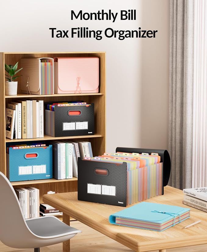 Sooez Upgraded Accordion File Organizer, Expanding File Folder with Deeper 12 Pockets - Never Cover Up Index Tabs, Monthly Bill Paper Receipt Document Organizer, Letter A4 Size for Home Office School