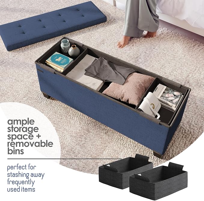 Storage Ottoman Bench with Bins, 43-in Storage Bench for Bedroom End of Bed, Folding Foot Rest Ottoman for Living Room Max 660lbs, Fabric Ottomans, Blue