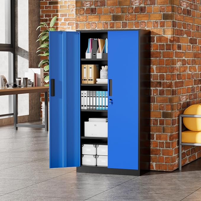 Greenvelly Metal Garage Storage Cabinet, 72" Black Blue Tool Steel Locking Cabinet with Doors and 4 Shelves, Tall Cabinets for Garage Storage Systems Lockable File Cabinet for Home Office,Garage