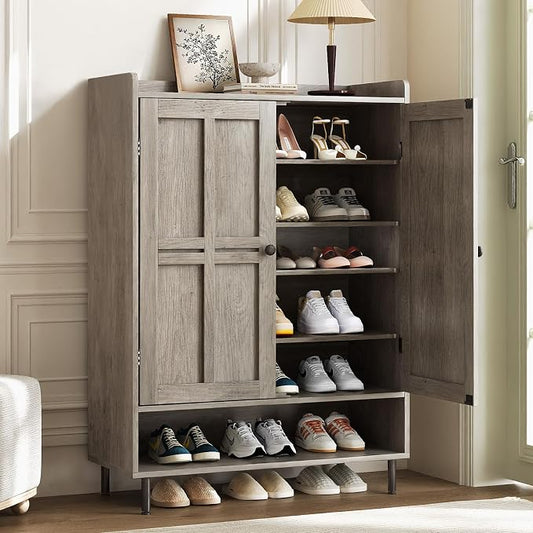 ComfyCorner Grey 7+1 Tier Farmhouse Shoe Storage Cabinet - 45" Tall Entryway Organizer with Cross Molding Doors, 3 Adjustable Shelves & Metal Legs, Shoe Rack for Front Door Entrance