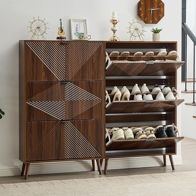 oakvivo Shoe Cabinet with 3 Flip Drawers, 31.5'' W Freestanding Narrow Shoe Storage Cabinet for Entryway, Modern Shoe Organizer with 4 Wooden feet, Hidden Shoe Rack for Hallway Mudroom, Walnut