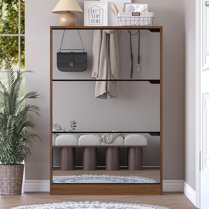 BORNOON Shoe Cabinet with 3-Flip Mirror Drawers, Freestanding Shoe Rack Organizer with Hidden Handle, Slim Narrow Shoe Storage Cabinet for Entryway, Entrance, Hallway, Bedroom