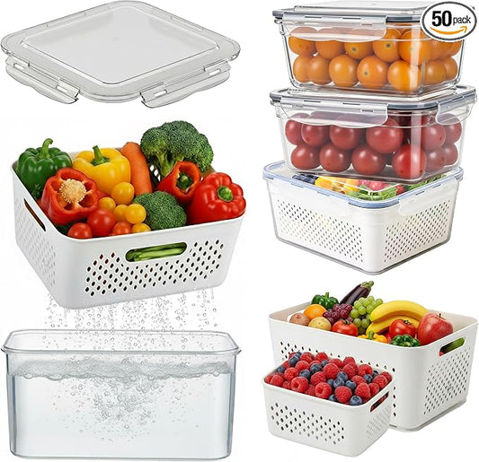 5 Pack Large Fruit Storage Containers for Fridge with Removable Colander | Plastic Food Storage Containers with Lids Airtight-Leak Proof Refrigerator Organizers and Storage of Vegetable