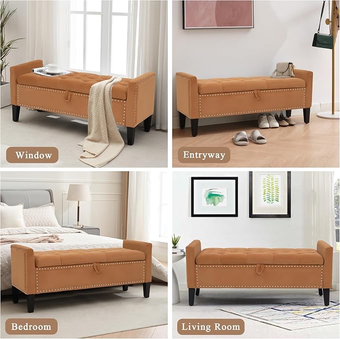 Velvet Ottoman with Storage, 46'' Upholstered Button Tufted End of Bed Bench with Arms, Modern Storage Bench for Living Room, Bedroom, Entryway, Orange