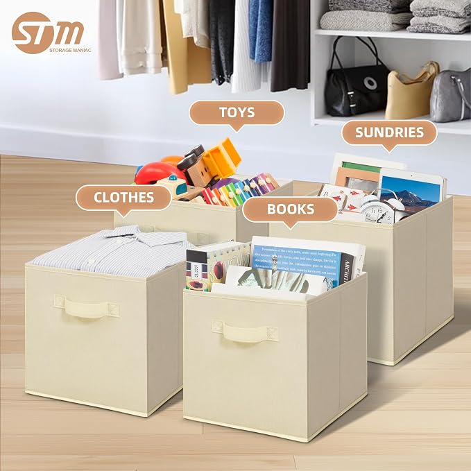 STORAGE MANIAC Storage Cubes, 11 Inch Collapsible Storage Bins with Handles, 4 Pack Fabric Foldable Bins for Organization, Durable Storage Bins for Closet, Shelves, Offices, 4-Pack Beige