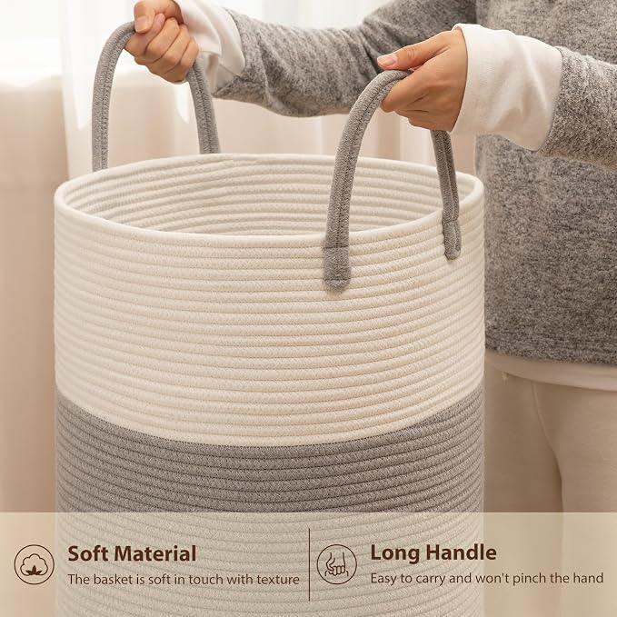 OIAHOMY Large Laundry Basket Hamper - 60L Cotton Rope Woven Basket for Blankets, Toys, Clothes - Tall Decorative Nursery Hamper with Long Handles, Grey/White