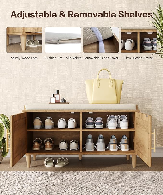 Akxomel 31.5" Rattan Shoe Storage Bench 2 Doors Wooden Entryway Bench Oak | 2 Tier Shoe Bench with Padded Cushion, Adjustable Shelves and 2 Doors, Solid Wood Legs, for Hallway, Living Room, Bedroom