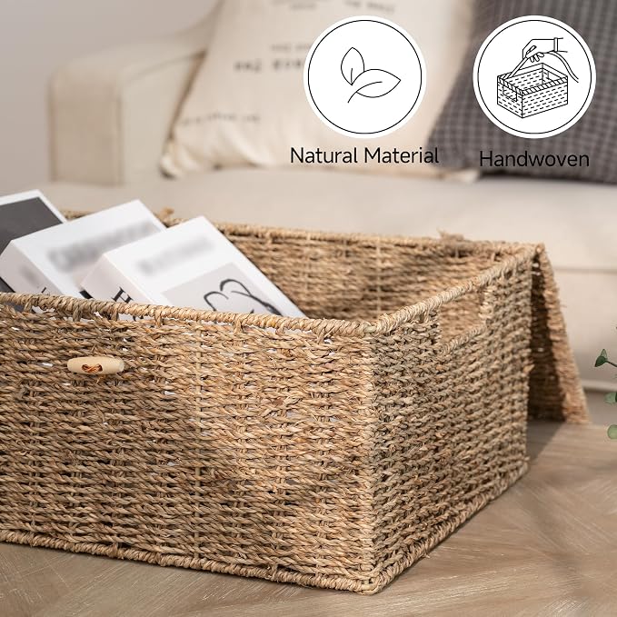 StorageWorks Extra Large Wicker Baskets with Lid for Organizing, Seagrass Storage Baskets for Shelves, Decorative Box with Built-in Handles, Natural, 1 Pack