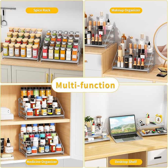 2 Pack Spice Rack Organizer for Cabinet, Depth Adjustable 4 Tier Spice Rack | Silver, Metal Spice Organization for Cabinet, Easy Visibility, Tiered Spice Rack Perfect for Cabinet, Pantry and Countertop