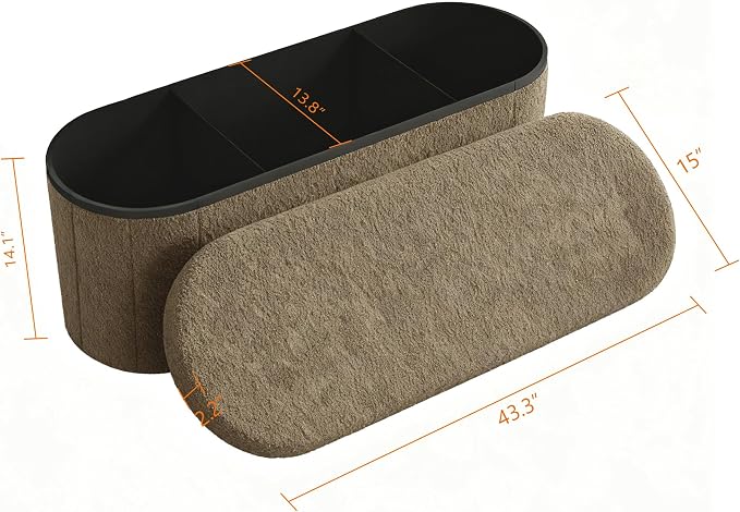 GLAXYFUR Oval Ottoman with Storage for Living Room, Sherpa Bench, Brown | 43.3 Inches Folding Chest, Foot Rest, End of Bed Bench for Bedroom, Hallway