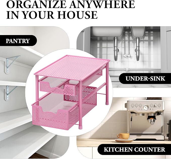 Simple Houseware Stackable 2 Tier Sliding Basket Organizer Drawer, Pink