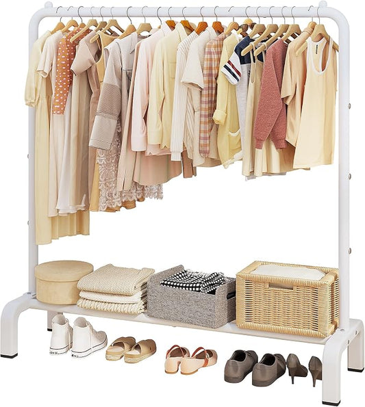 Metal Clothing Rack, 43.3 Inches Clothes Garment Coat Rack with Bottom Shelf for Hanging Skirts, Shirts, Sweaters, White | Metal 43.3 Inches Garment Rack Clothing Clothes Rack with Bottom Shelf for Hanging Clothes Coats Skirts Shirts Sweaters White