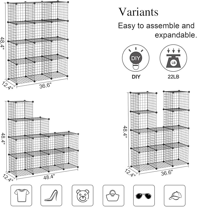 C&AHOME Wire Cube Storage, 12-Cube Storage Organizer Metal, C Grids, Black | Modular Shelves Units Storage Bins Shelving Bookshelf Shelf Cabinet Organizer