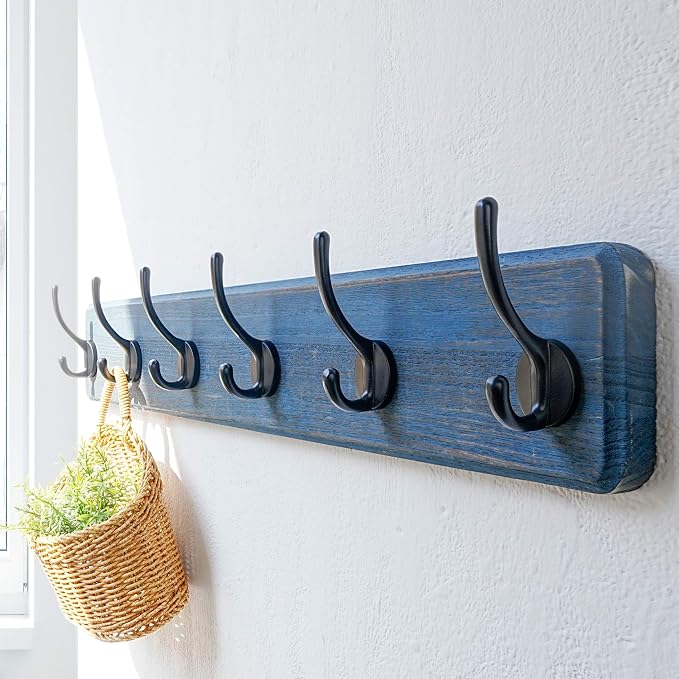 Coat Rack Wall: 24" Long, Patented, Heavy-Duty, 6-Double-Hooks Wooden Wall Mounted Coat Rack Coat Hanger Hook Rail for Winter Coats Hat Jacket Clothing, Weathered Blue