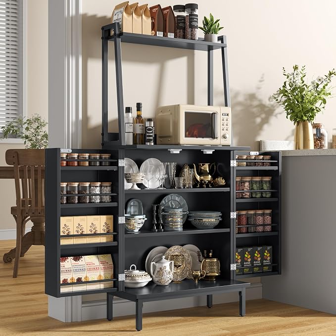 kepptory 51" Kitchen Baker's Rack with Storage, Microwave & Toaster Oven Stand, Freestanding Coffee Bar Station with Wine Glass Holder & Side Storage Shelves, Black
